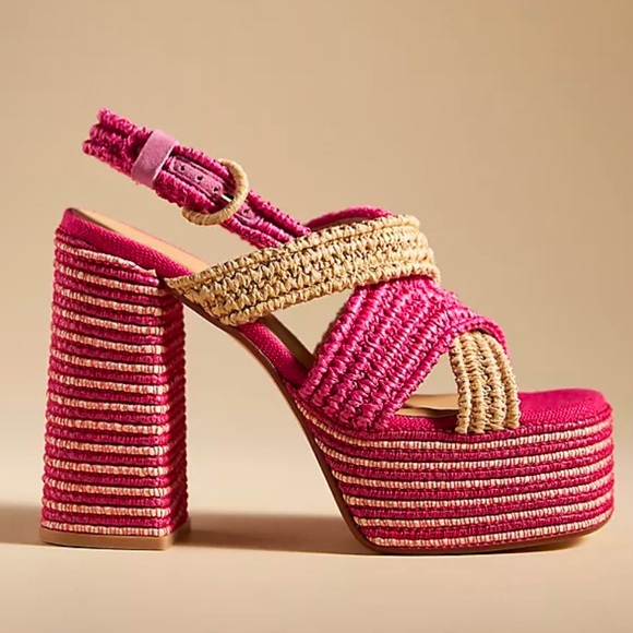 •CASTANER• Anthropologie NEW Fulvia Raffia Platform Heel Sandal in Pink‎ Size 40